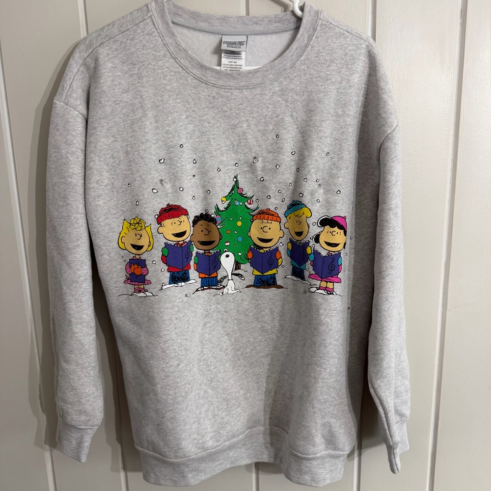 Peanuts Christmas Caroling Sweatshirt Grey Heather Snoopy Large
